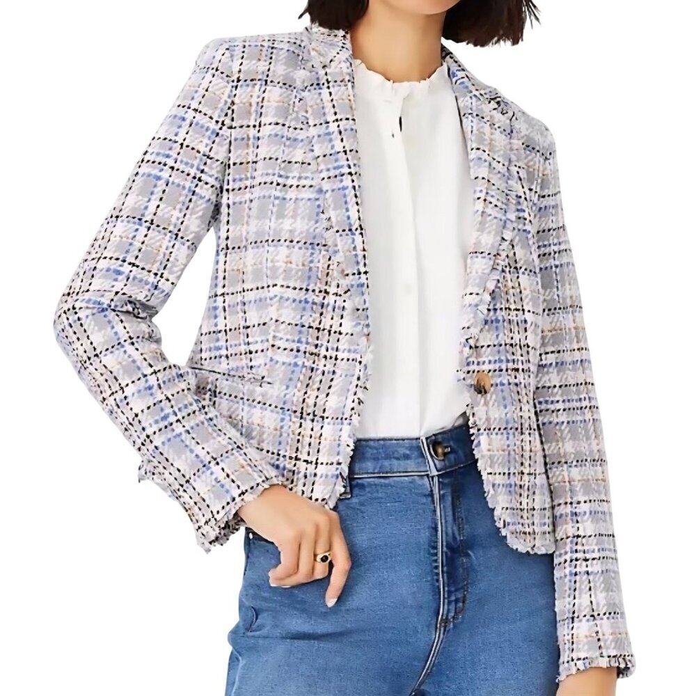 Ann Taylor Newbury Blazer Plaid Tweed Soft Dove Blue Gray Raw Hem Collar Size 14